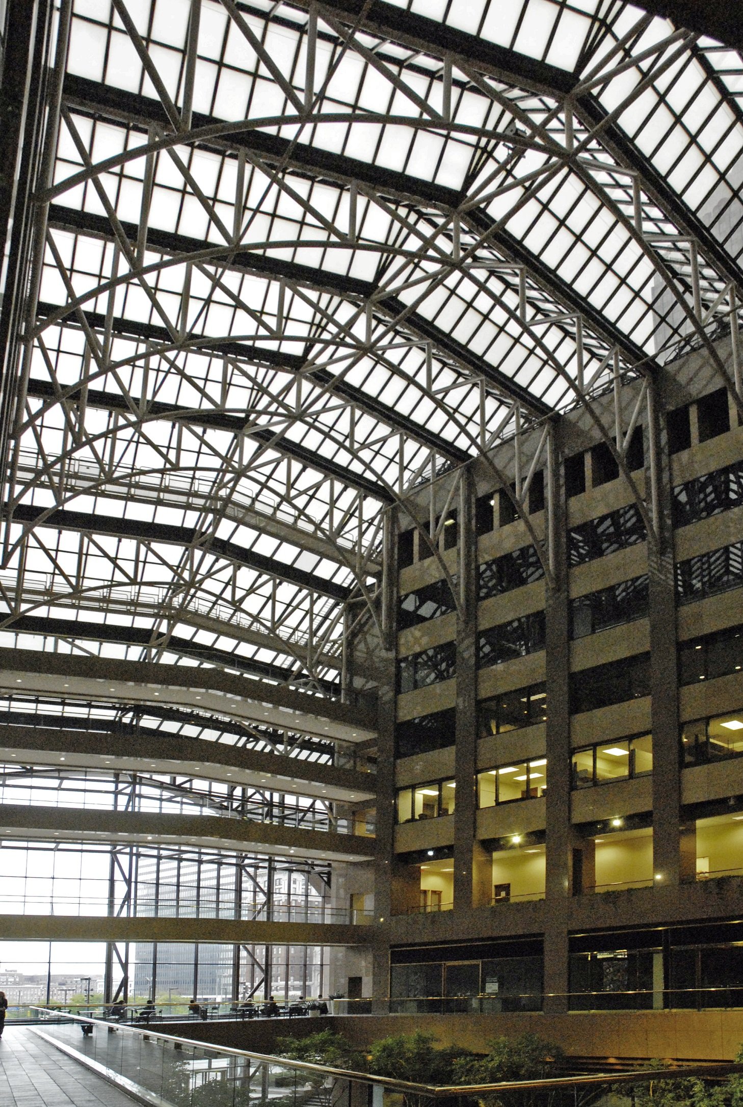 Interior View of the Multi-Story Atrium Highlighting Structural Steel Framing and Glazing.