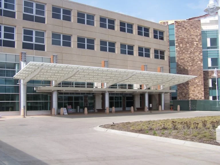 Front Elevation View Illustrating Canopy Coverage and Alignment with the Hospital Entrance.