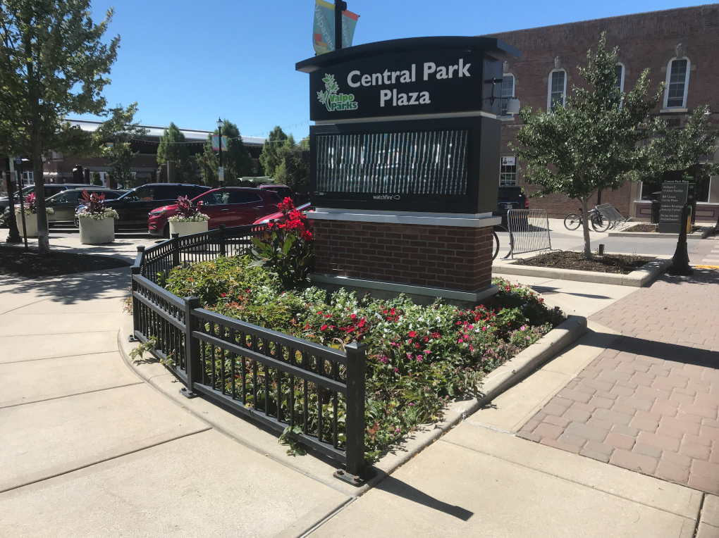 Exterior steel railing system at Central Park Plaza, fabricated and installed to define landscaped areas and pedestrian circulation within the downtown plaza.