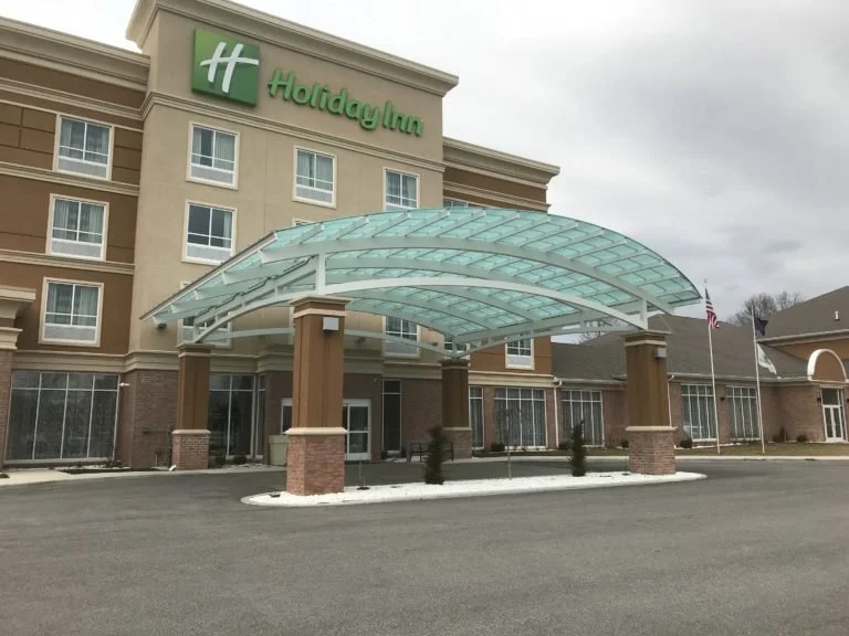 Architectural Steel and Glass Entrance Canopy Fabricated for Holiday Inn Hotel Entry.