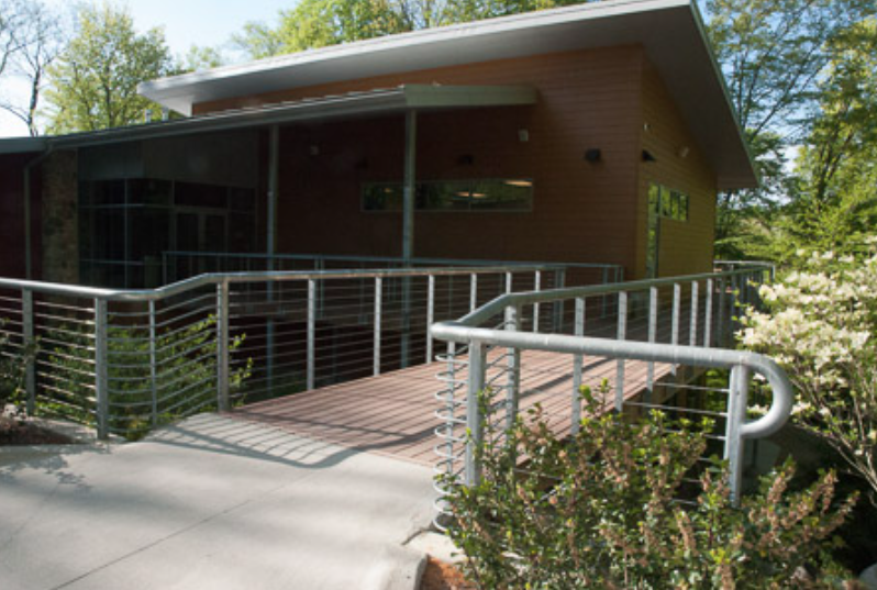 Custom exterior Cable Railing System Fabricated for Elevated Walkways at the Edward Lowe Foundation Campus. 