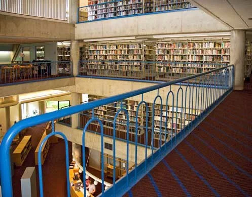 Custom Interior Railings Integrated into Library Balcony Circulation at Saint Mary's College.