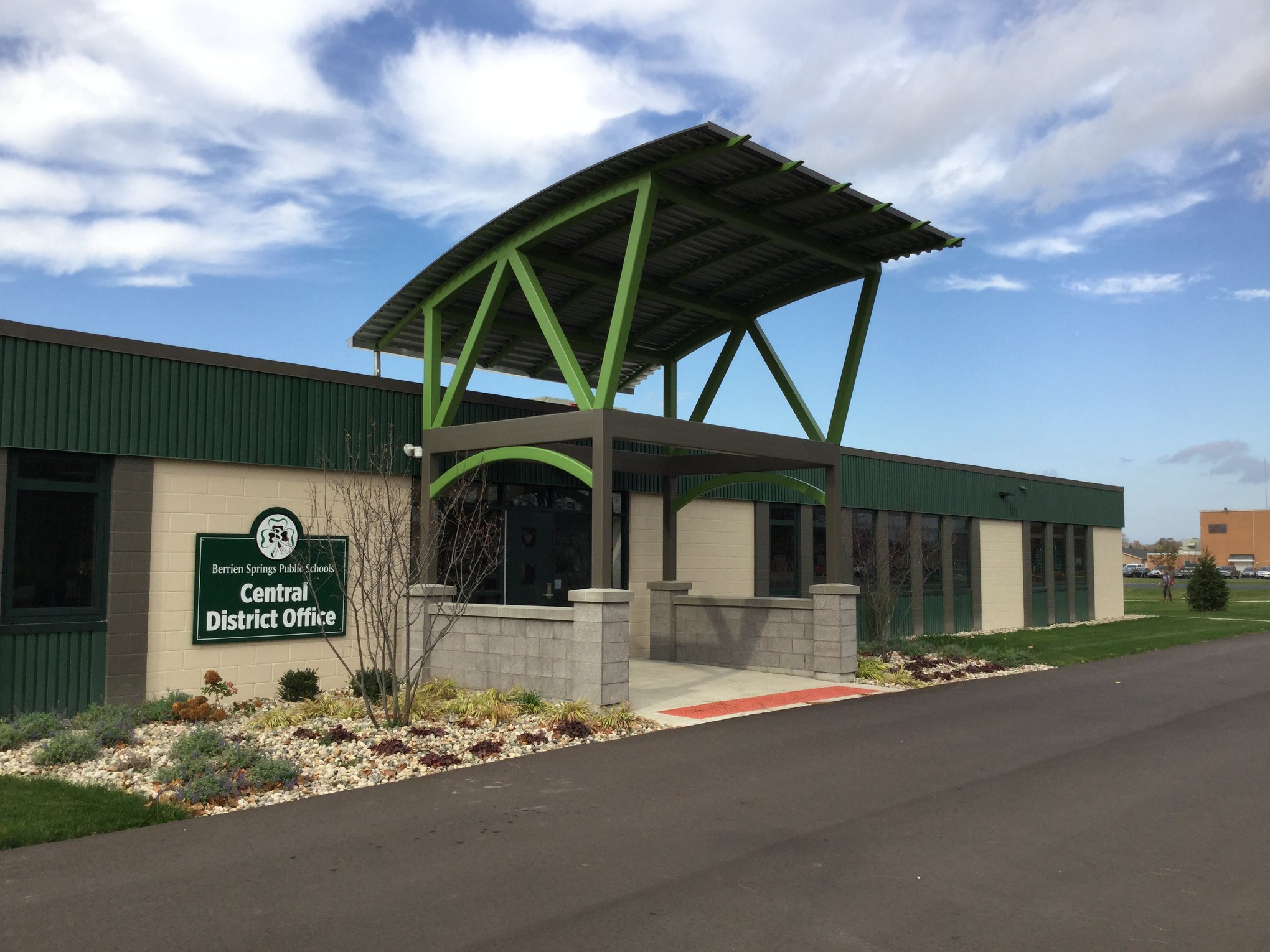Custom Structural Steel Entry Canopy Fabricated for the Berrien Springs Central District Office.