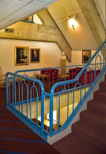 Ornamental Metal Railing Detailing Along an Interior Stair and Landing at Saint Mary's College.