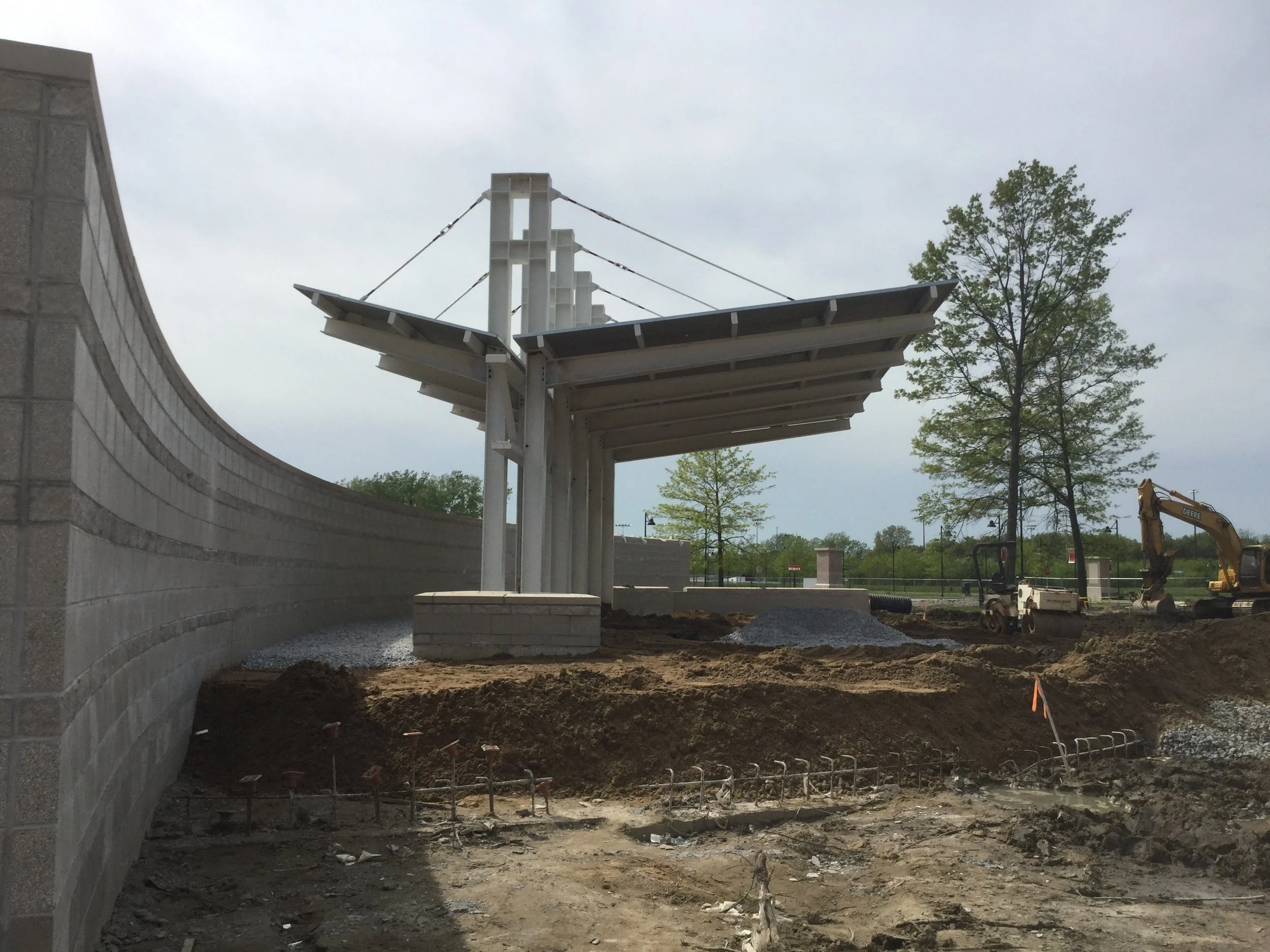 Structural steel framing under construction at civic project site.
