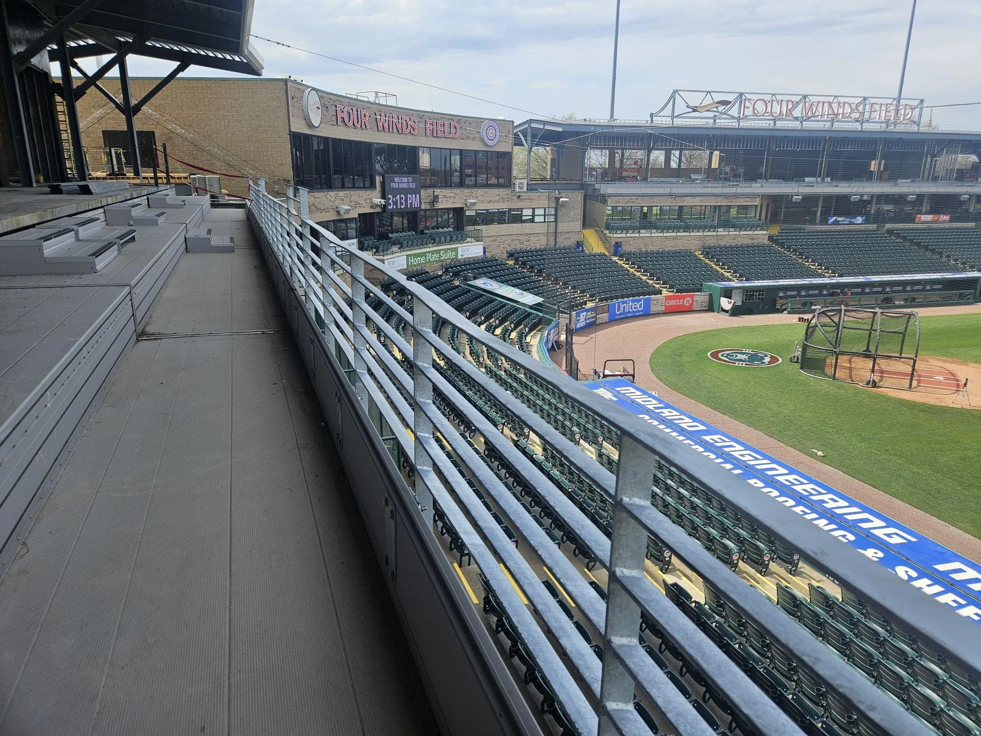 Custom Stadium Railing Systems Fabricated by Evans Metal Products as Part of the Four Winds Field Premium Seating Expansion.