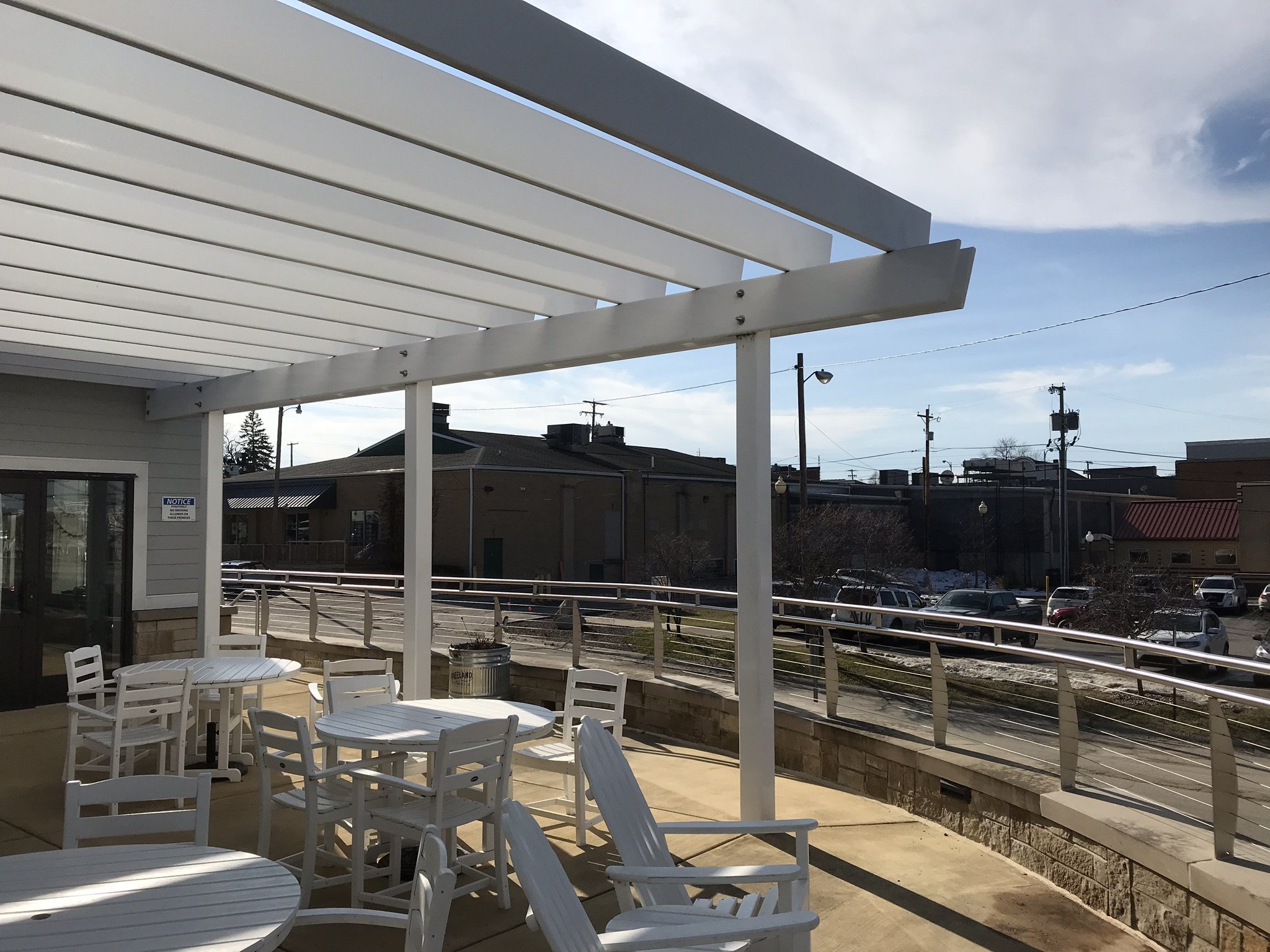 Steel Pergola and Terrace Railing System Fabricated for Outdoor Library Spaces.
