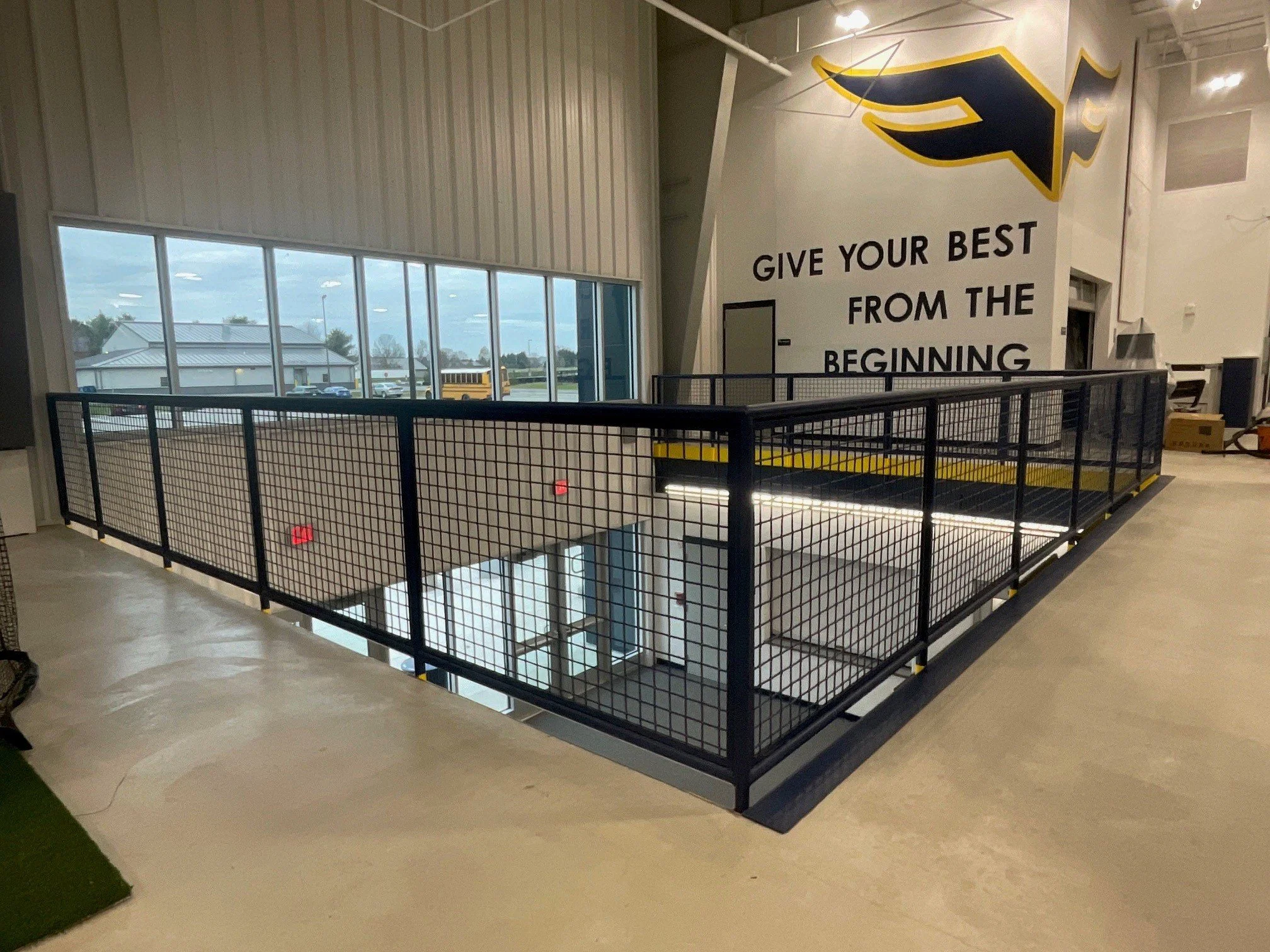 Interior Mezzanine Guardrail System Integrated Into Fairfield Schools' Modern Athletic Complex.