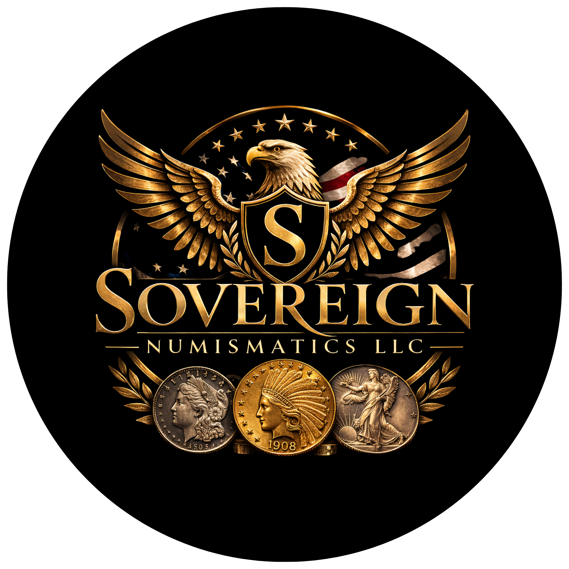 Gold and black logo for Sovereign Numismatics LLC featuring an eagle with outstretched wings and a shield with an S in the center, surrounded by three coins, including a Mercury dime, a Buffalo nickel, and a Walking Liberty half dollar.