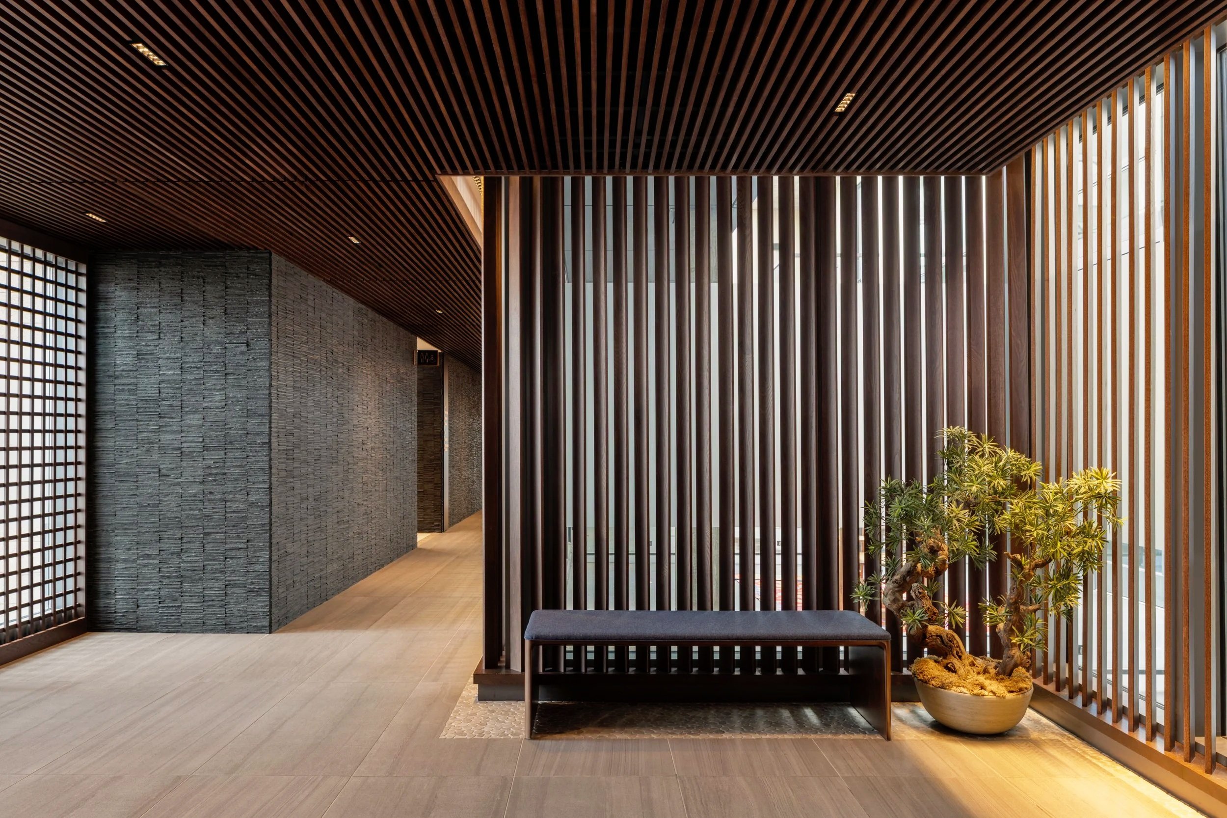 Modern interior lobby with wooden slat wall, potted plant, and a black bench.