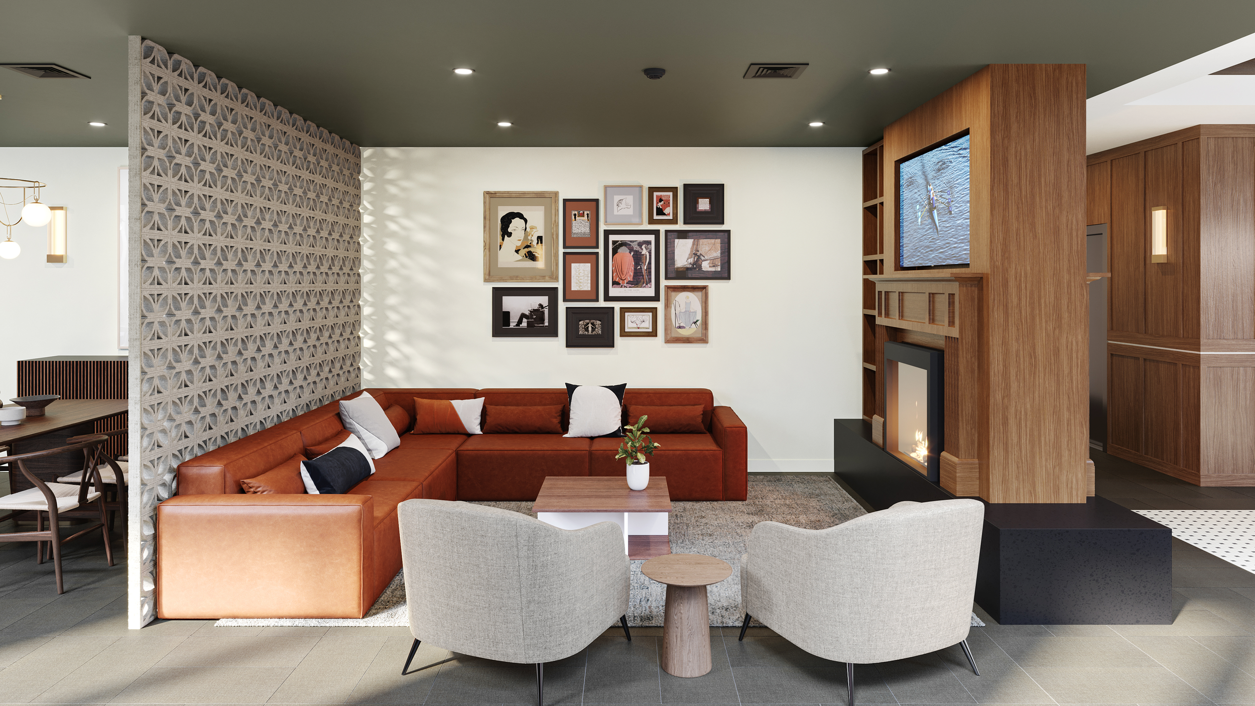 Contemporary living room with a large red sectional sofa, two light gray armchairs, a small wooden side table, a white coffee table with a plant, gallery wall with framed art and photographs, wood fireplace with built-in shelving, and a decorative brick partition.