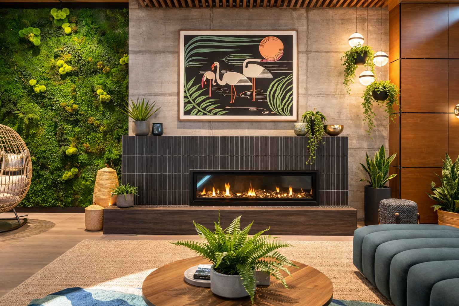 Modern living room with a fireplace, green plants, and wall art of two flamingos in water with a sunset, surrounded by wood and concrete decor.