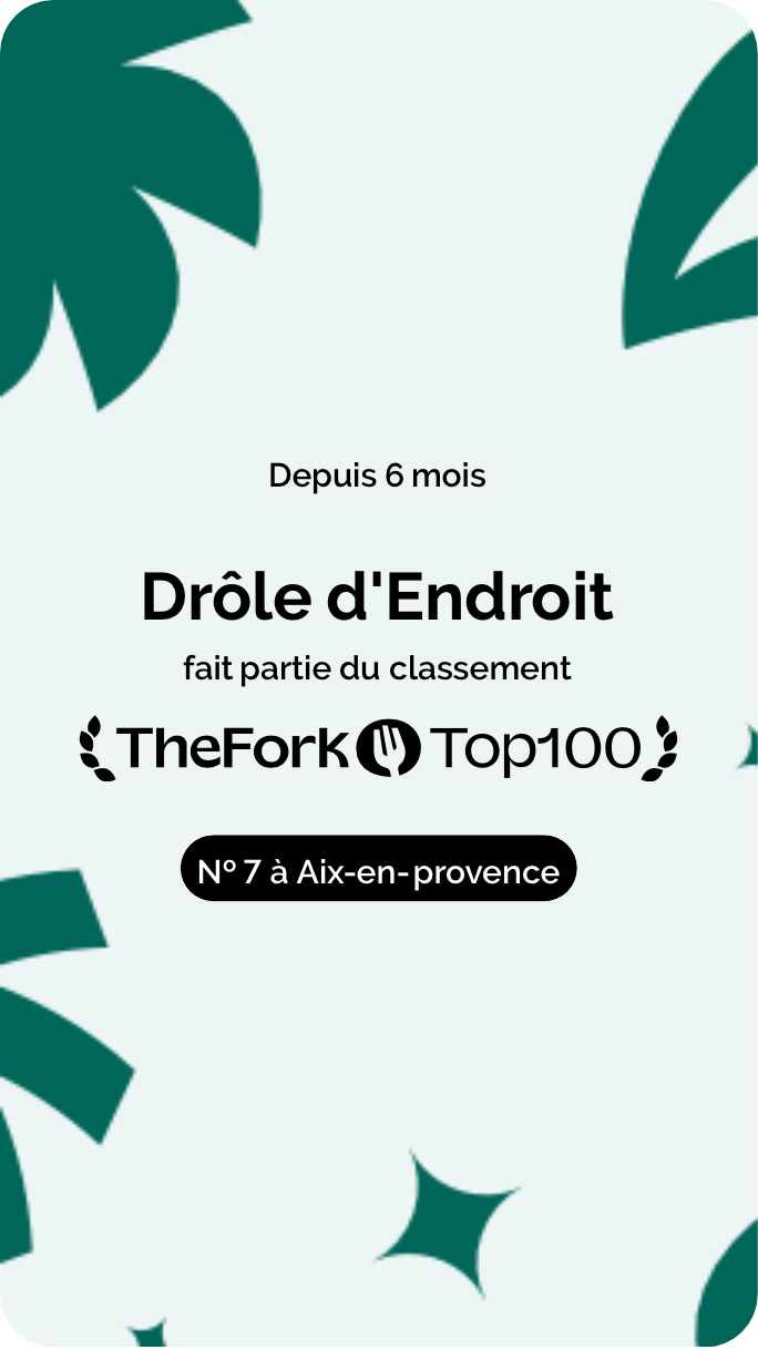 Une fiche de classement pour un restaurant en Provence, indiquant qu'il s'appelle Drôle d'Endroit, à Aix-en-Provence, avec une décoration de feuilles vertes.