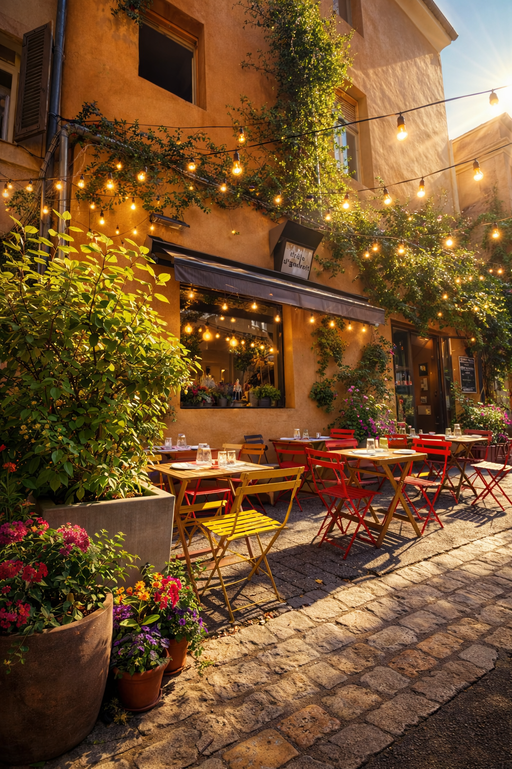 Terrasse de restaurant en plein air avec des tables en bois et des chaises rouges, décorée de guirlandes lumineuses suspendues. Des plantes et des fleurs colorées ornent l'espace, devant un bâtiment aux murs beige et fenêtres entourées de végétation,