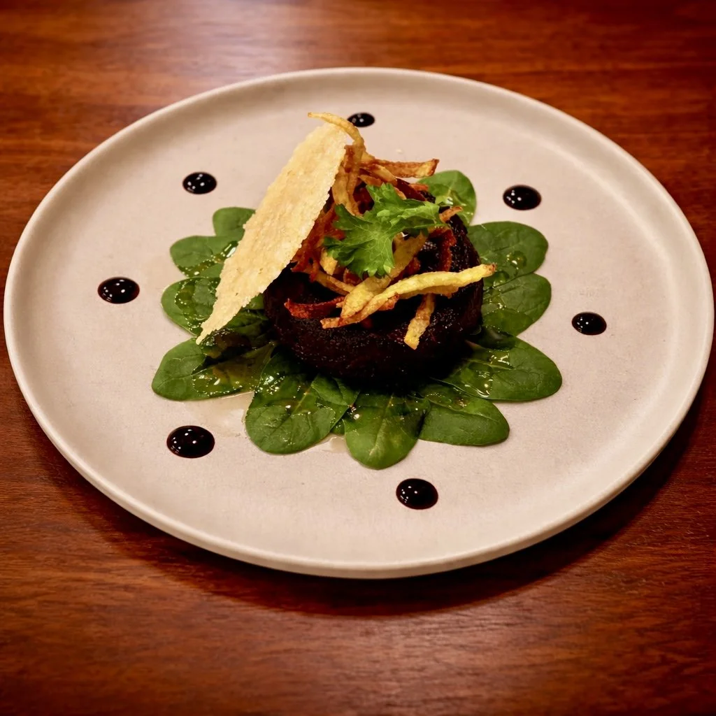 Plat gastronomique avec un œuf mollet, entouré de feuilles d'épinard, garniture croustillante et une fine biscotte, décorée de gouttes de sauce noire.