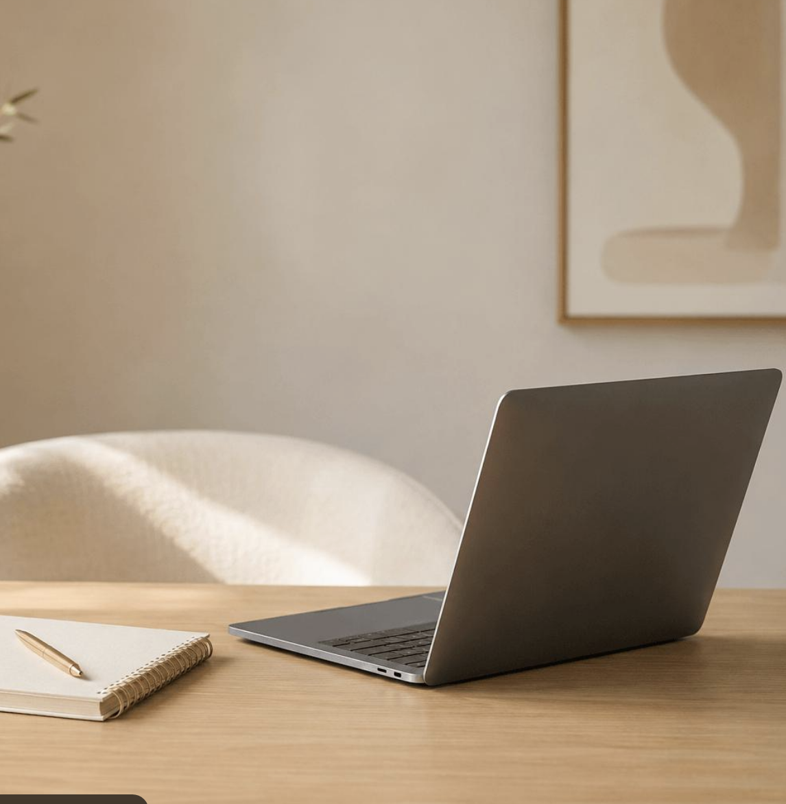 Laptop op een houten tafel met een notitieboek en pen, in een minimalistische kamer met beige stoel en abstract kunstwerk op de muur.