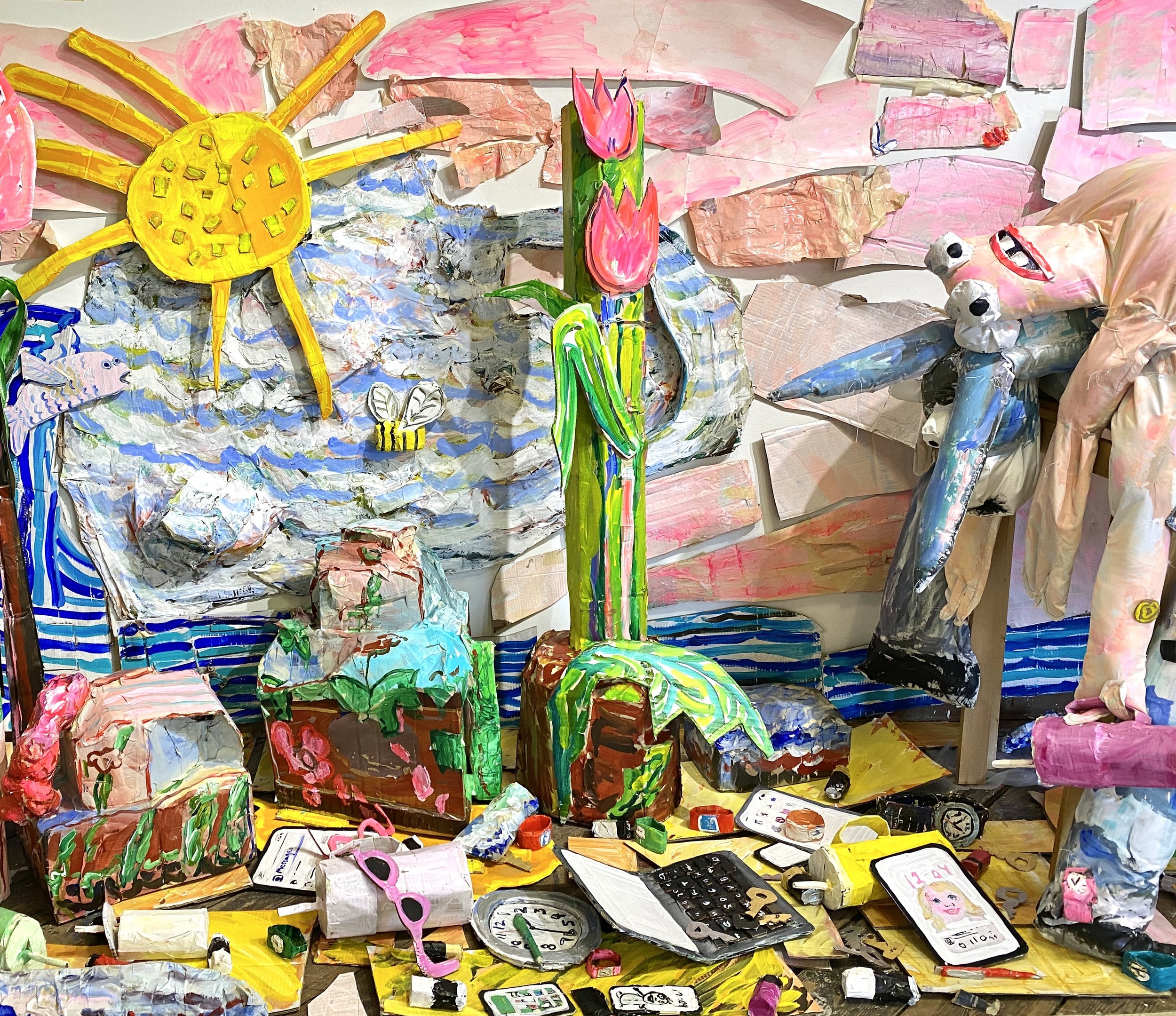 Everyday Carry Items (detail), Acrylic, cardboard, paper, plastic, masking tape, thread, fabric, and wooden stand,  212(l)x 48 (d)x 73.5 (h) in, 2024