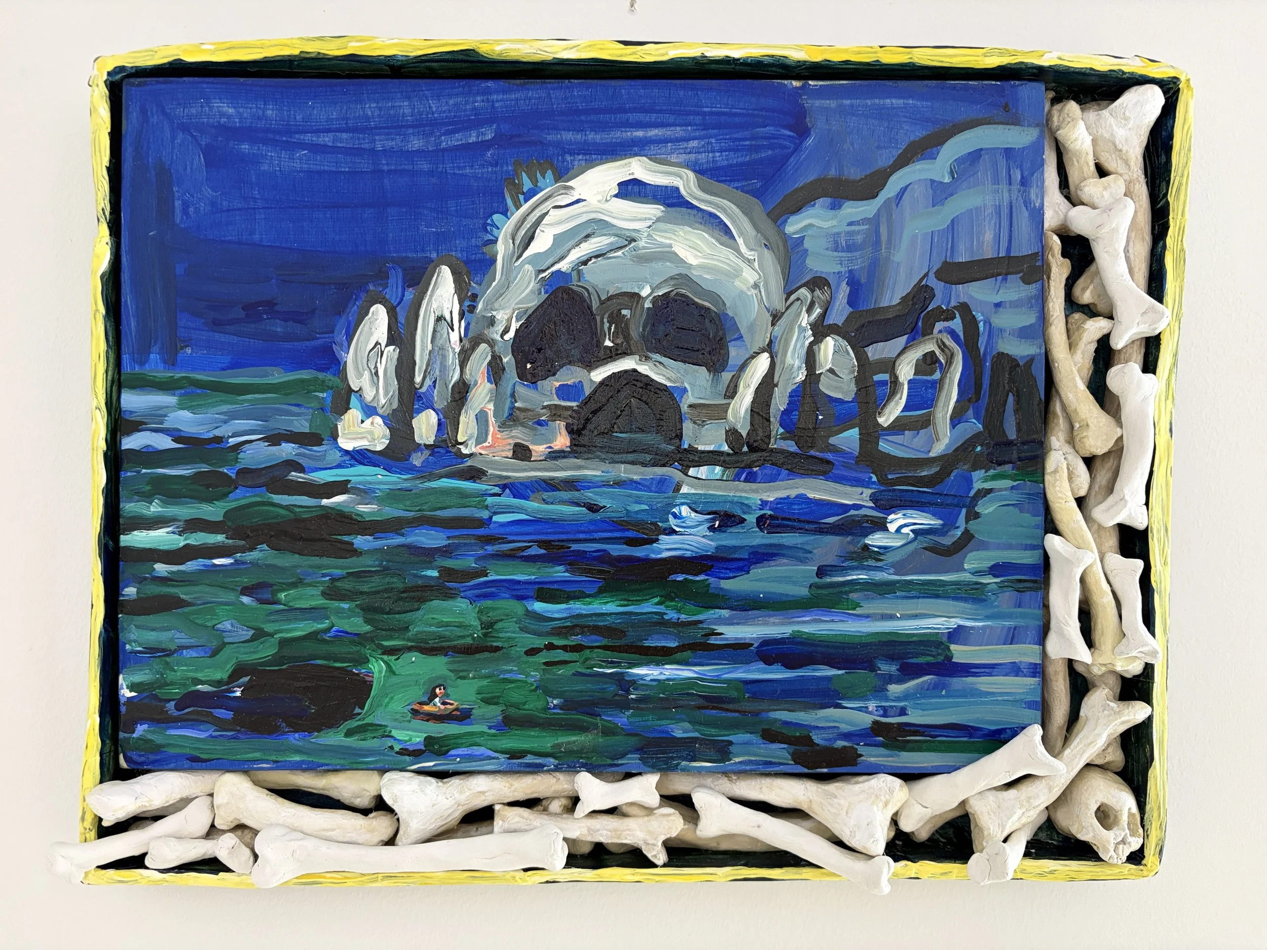 Rider Finds Skull Island,
Acrylic on panel, air-dry clay, and cardboard frame,
11 x 14 inches,
2026