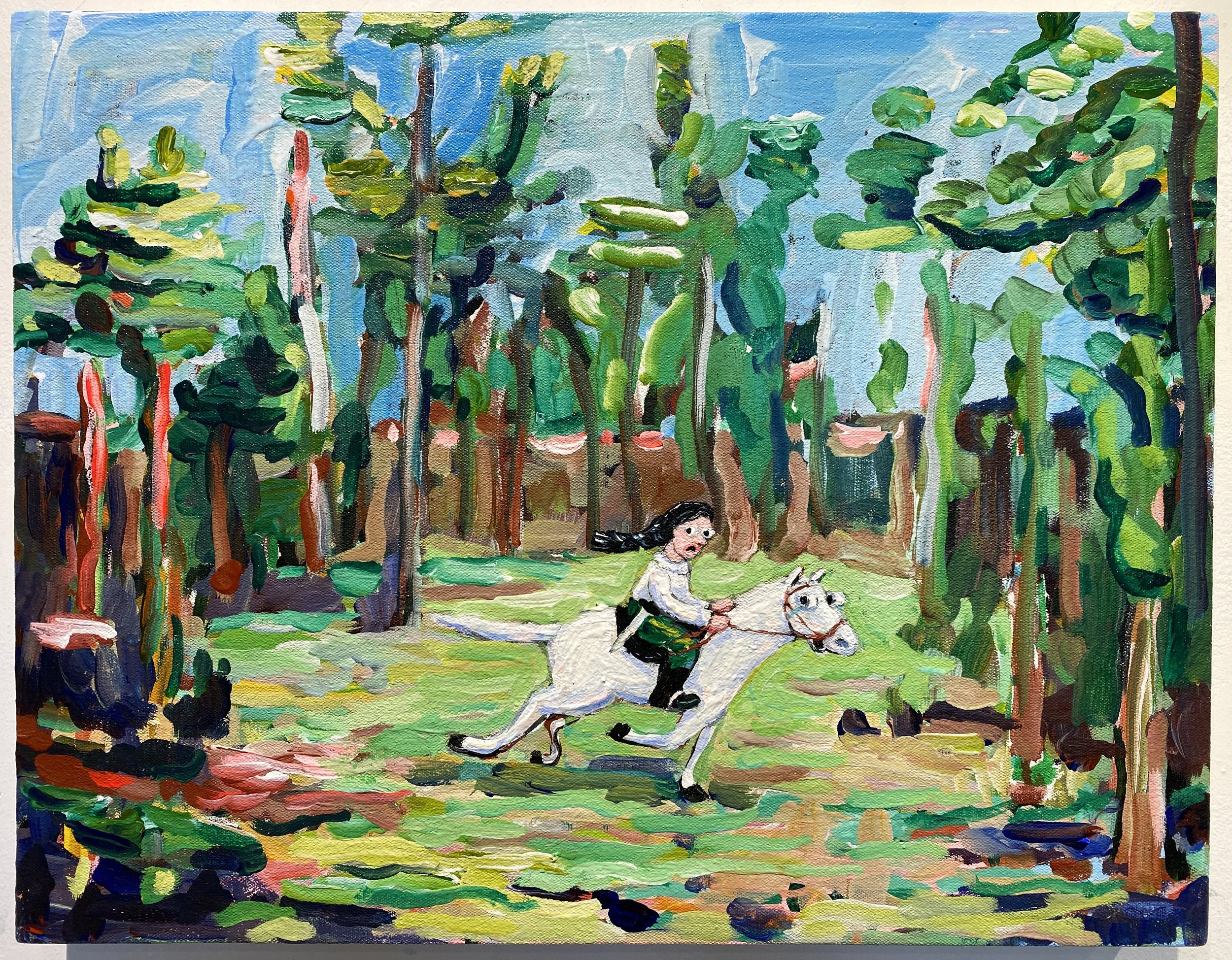 Run Away Rider, Acrylic on canvas on panel, 15 × 20 in, 2025