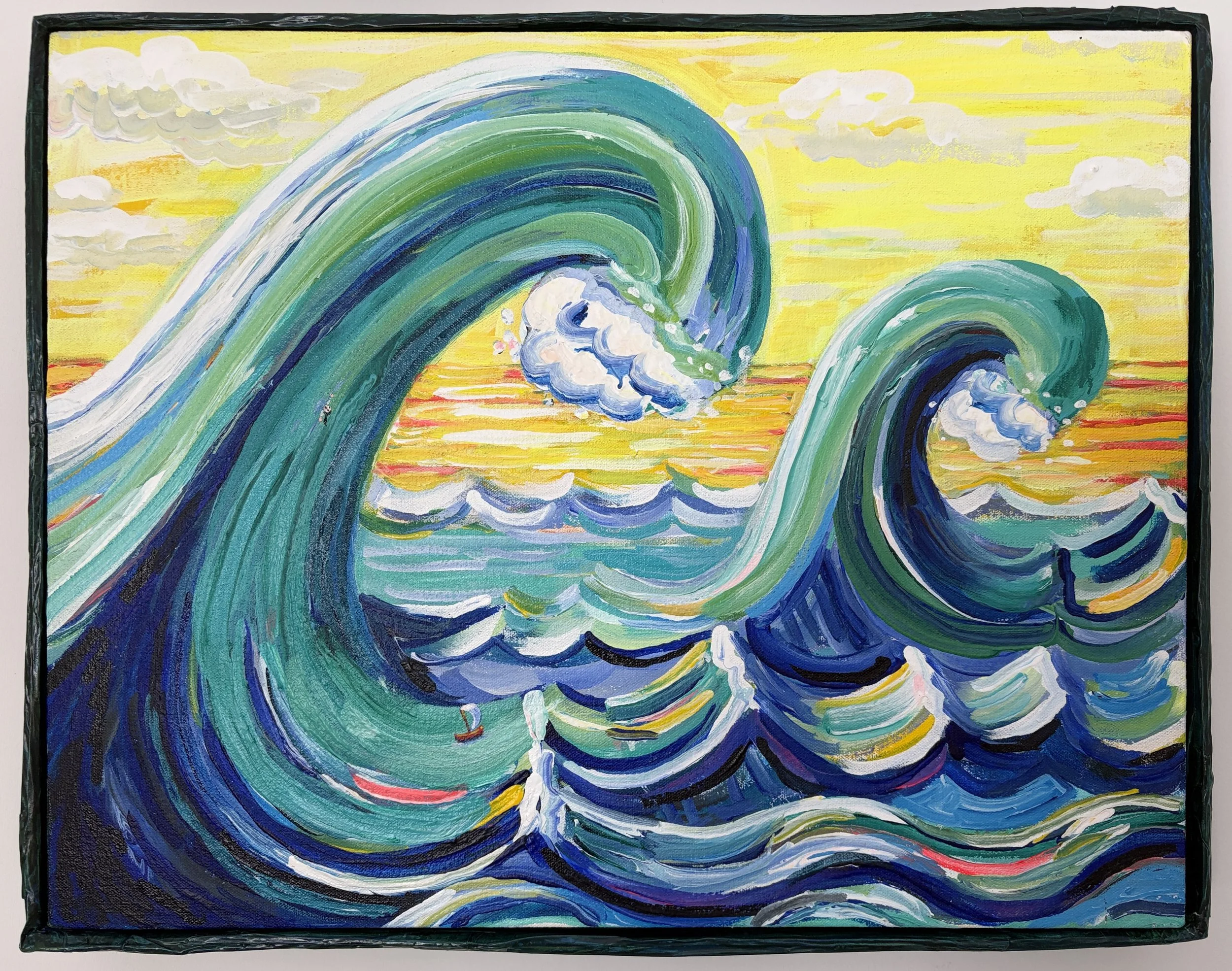 Rider in a Wave,
Acrylic on canvas on panel in cardboard frame,
16 x 20.25 inches,
2026