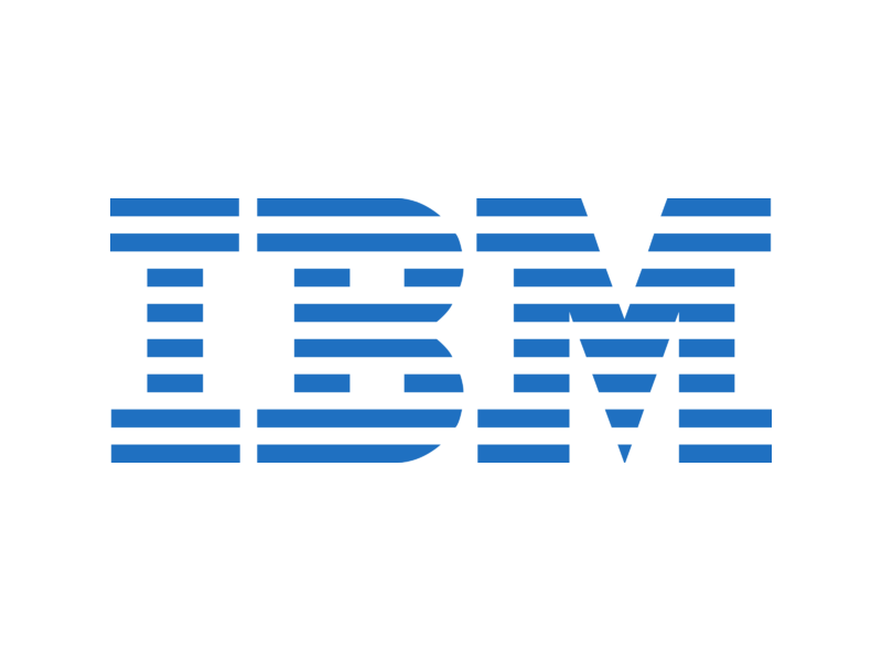 IBM logo in blue horizontal striped text on a black background.