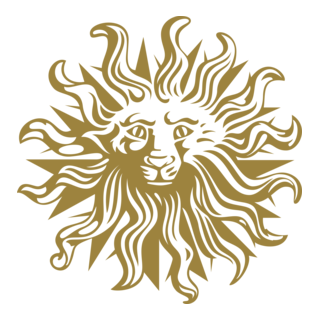 Stylized lion's face with a mane resembling flames in a gold color.