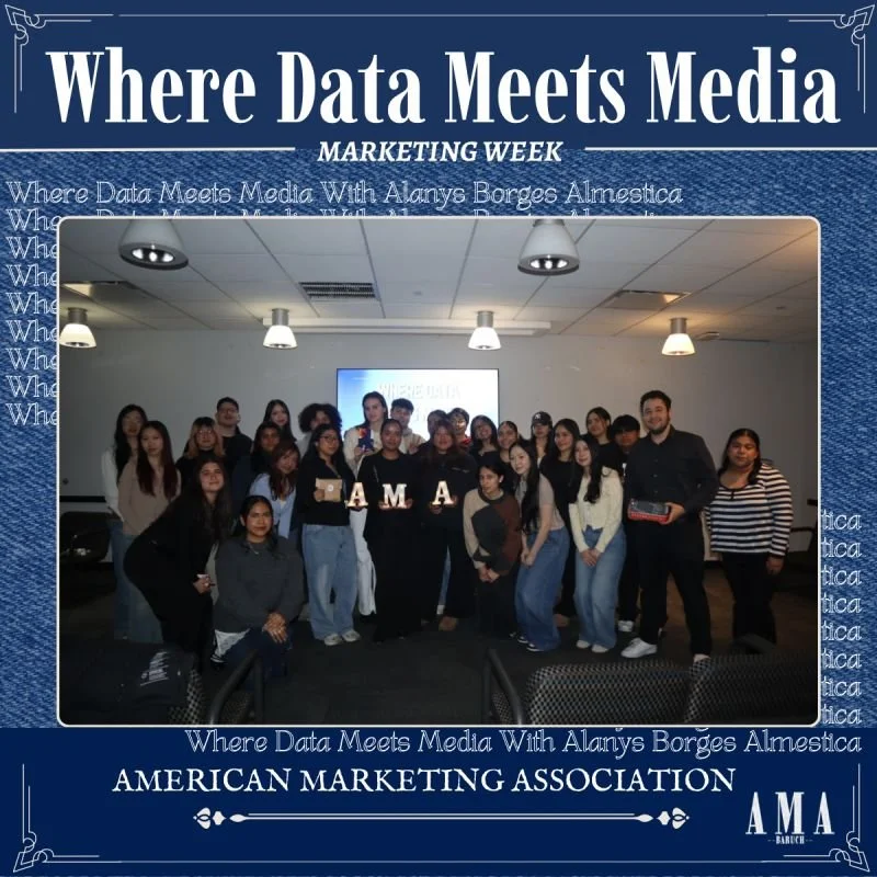 Group of diverse people holding a sign that spells out 'AM A' at a marketing event called 'Where Data Meets Media' hosted by the American Marketing Association.
