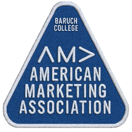 Blue triangular patch with white text reading 'BARUCH COLLEGE' and 'AMERICAN MARKETING ASSOCIATION' along with the Greek letters 'AM>'.