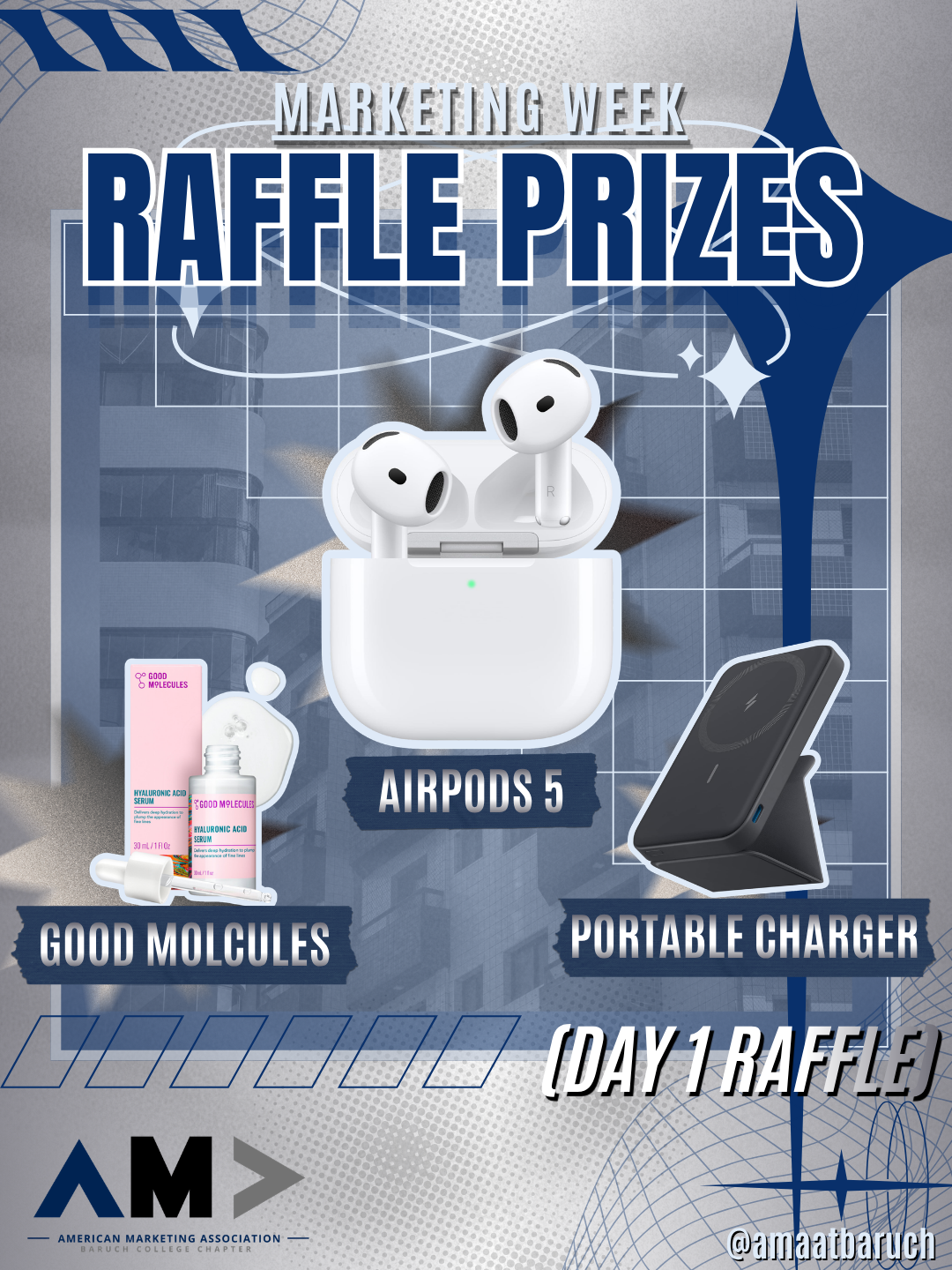 Promotional poster for Marketing Week raffle prizes, featuring Apple AirPods 5, good molecules skincare products, and a portable charger. The background depicts a cityscape with abstract patterns and futuristic design elements.