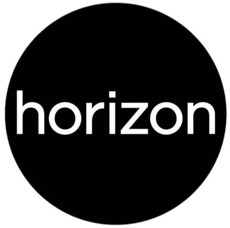 The word 'horizon' in white lowercase letters on a black circular background.