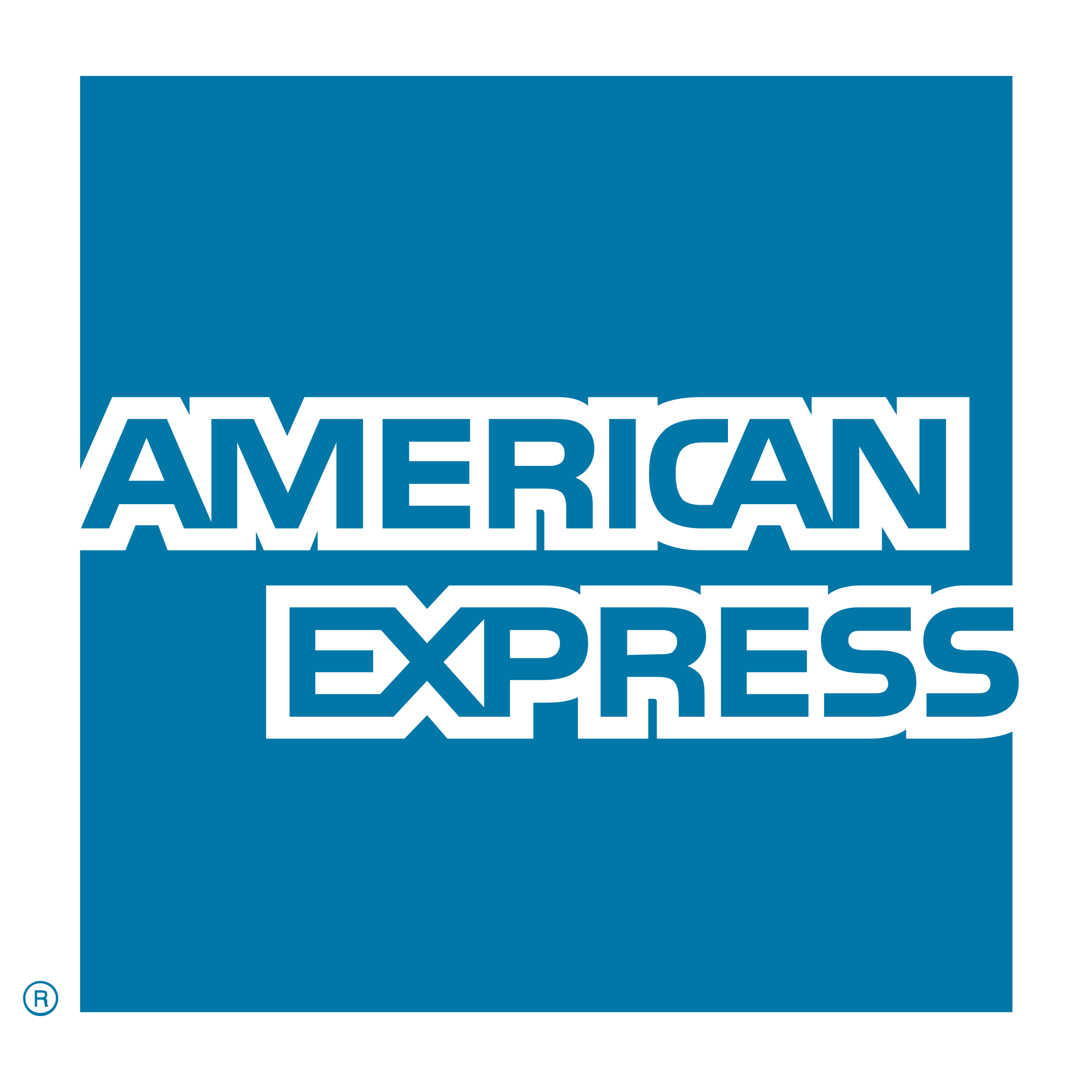 The logo of American Express featuring the company name in bold black letters on a blue background.