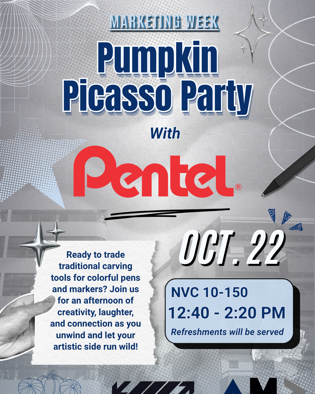 Purple and gray poster advertising a pumpkin Picasso art party during marketing week. Details include the date October 22, time 12:40 to 2:20 PM, location NVC 10-150, with a note that refreshments will be served. The poster features decorative stars, a pen, and a background with geometric patterns and a building silhouette.