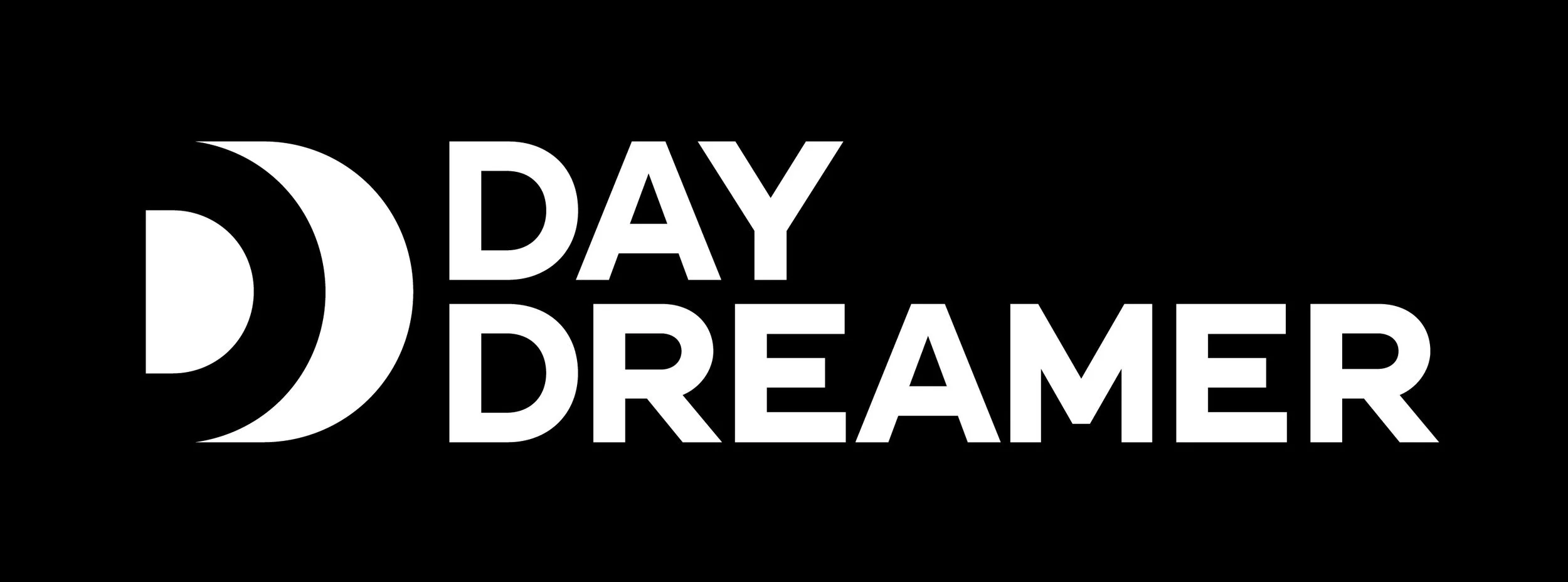 Black background with white text that says 'Day Dreamer' and a semi-circular design element.