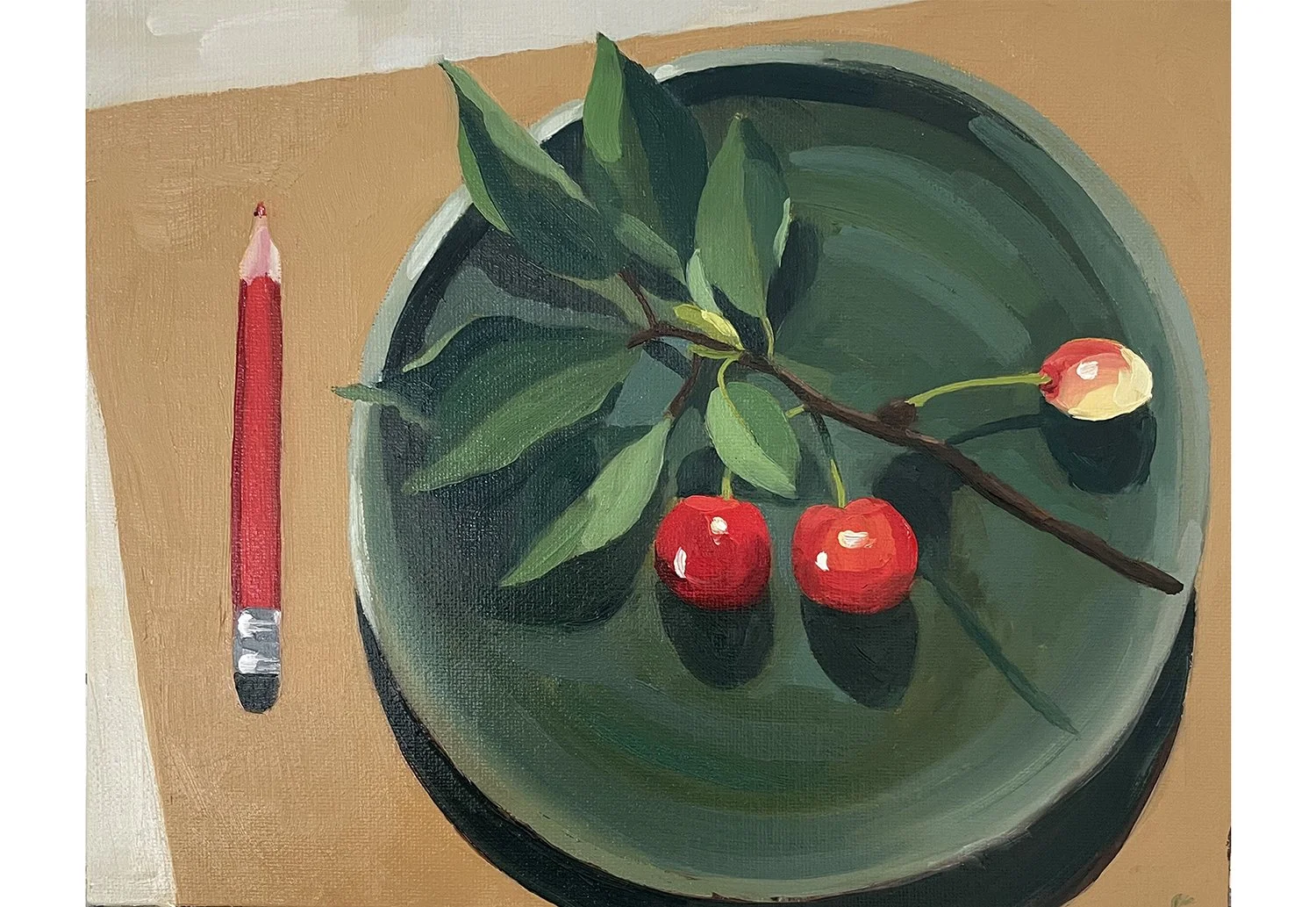red morello cherries on a green plate with red pencil, oil on canvas board