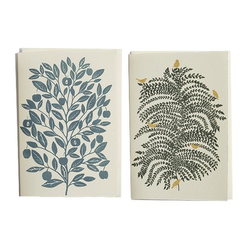 Willow Tree with Gold Birds and Teal Apple Tree cards with envelopes, 4 pack.