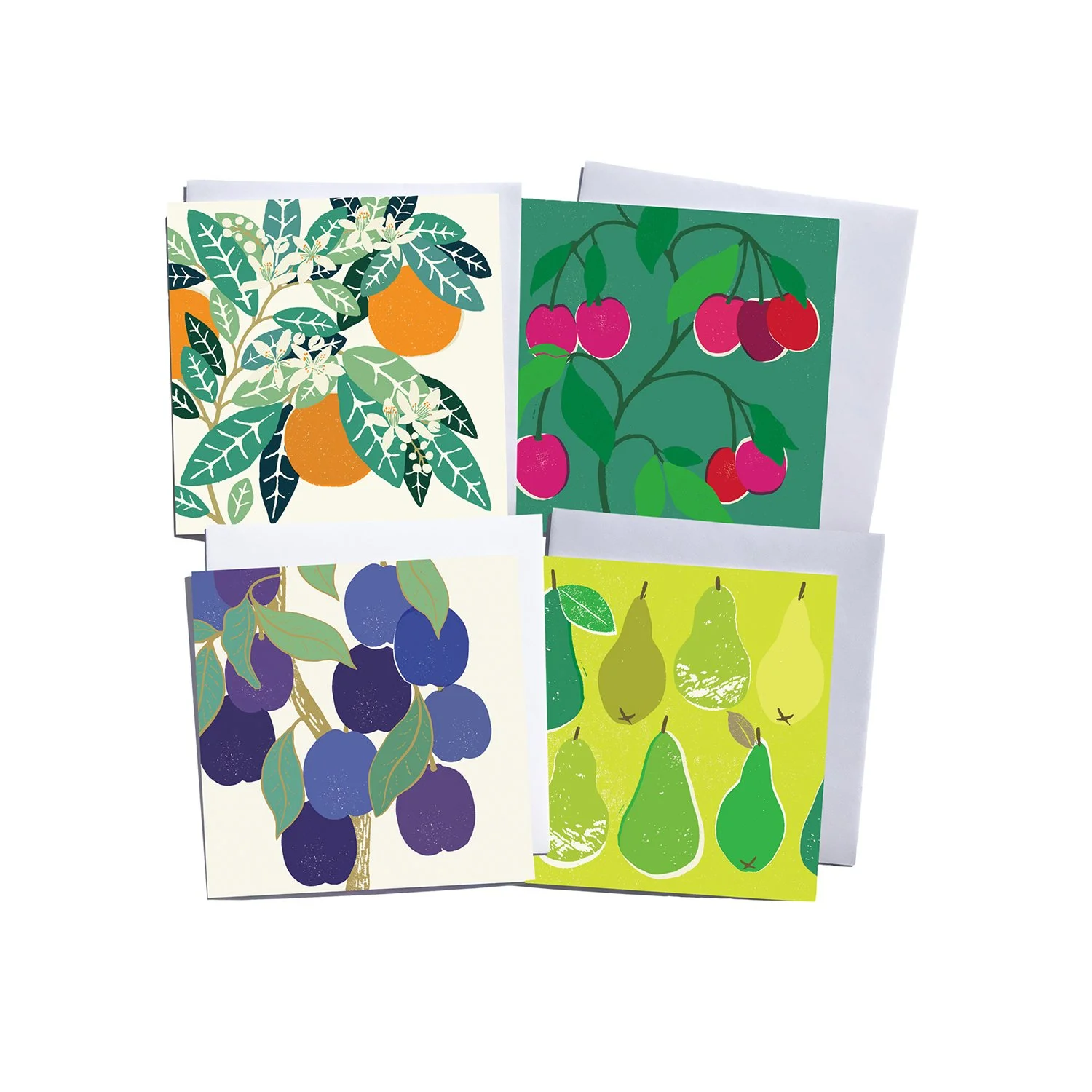 Set of Four Tutti Fruitti Blank Art Cards, (Oranges, Cherries, Pears & Damsons)