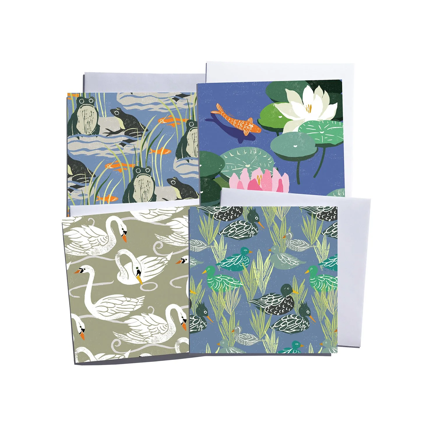Set of Four Pond Life Blank Art Cards, (Frogs, Lily Pond, Swans & Ducks)