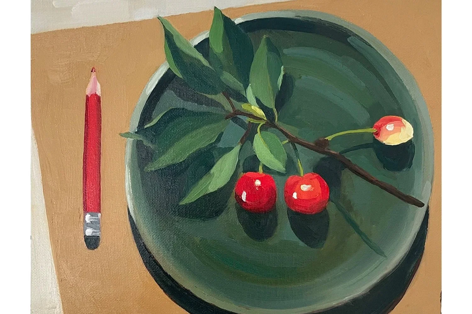 Cherry Oil Painting on a green plate with red pencil oil painting