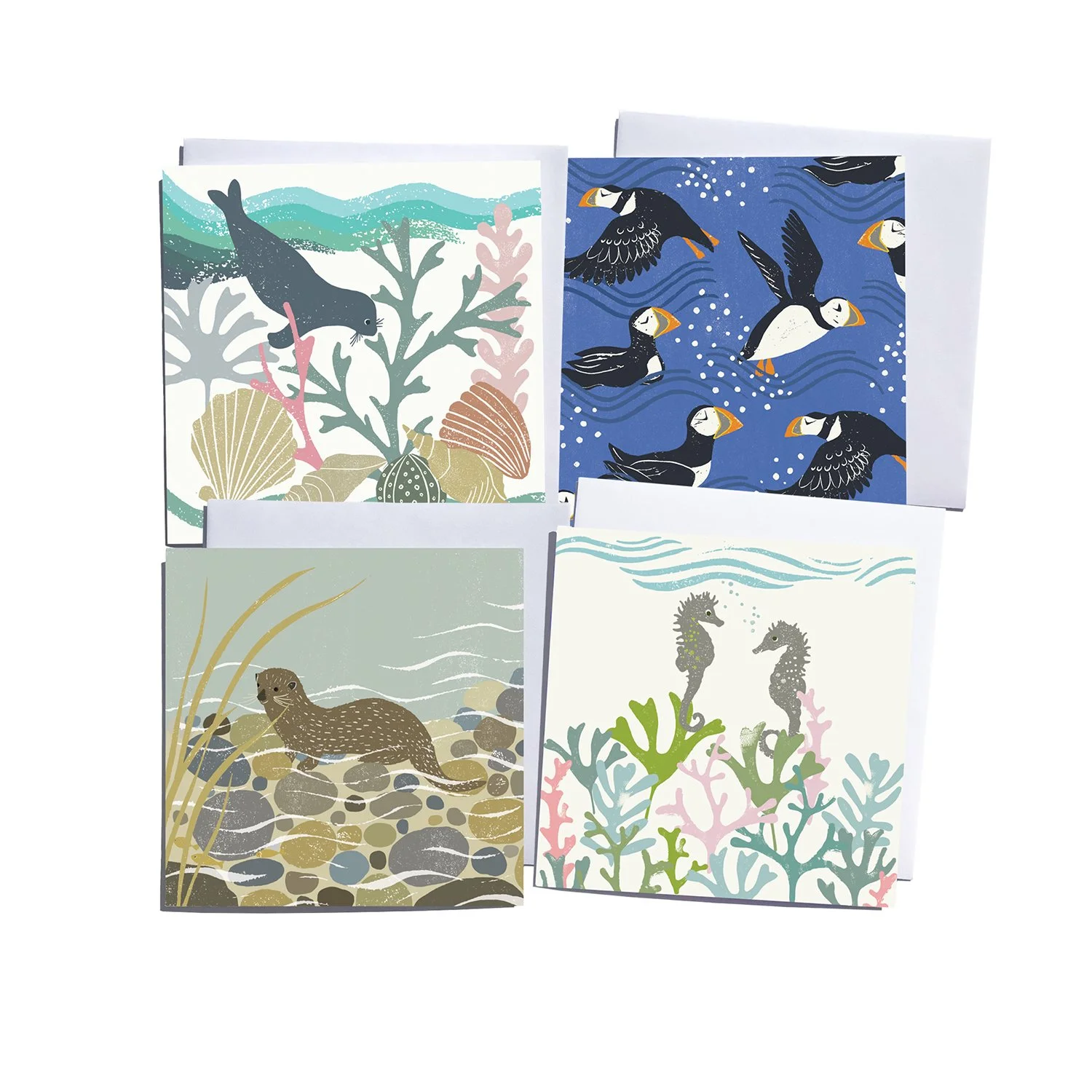 Set of Four Ocean Life Blank Art Cards, (Seal, Puffins, Otter & Sea Horses)