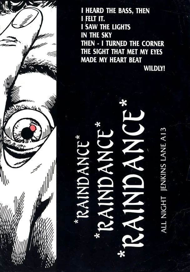 A black and white illustration of a face with one eye and a hand in the top corner. The image contains text with lyrics about hearing bass, seeing lights, and feeling a heart beat, and features the title 'Rainance' repeatedly along.