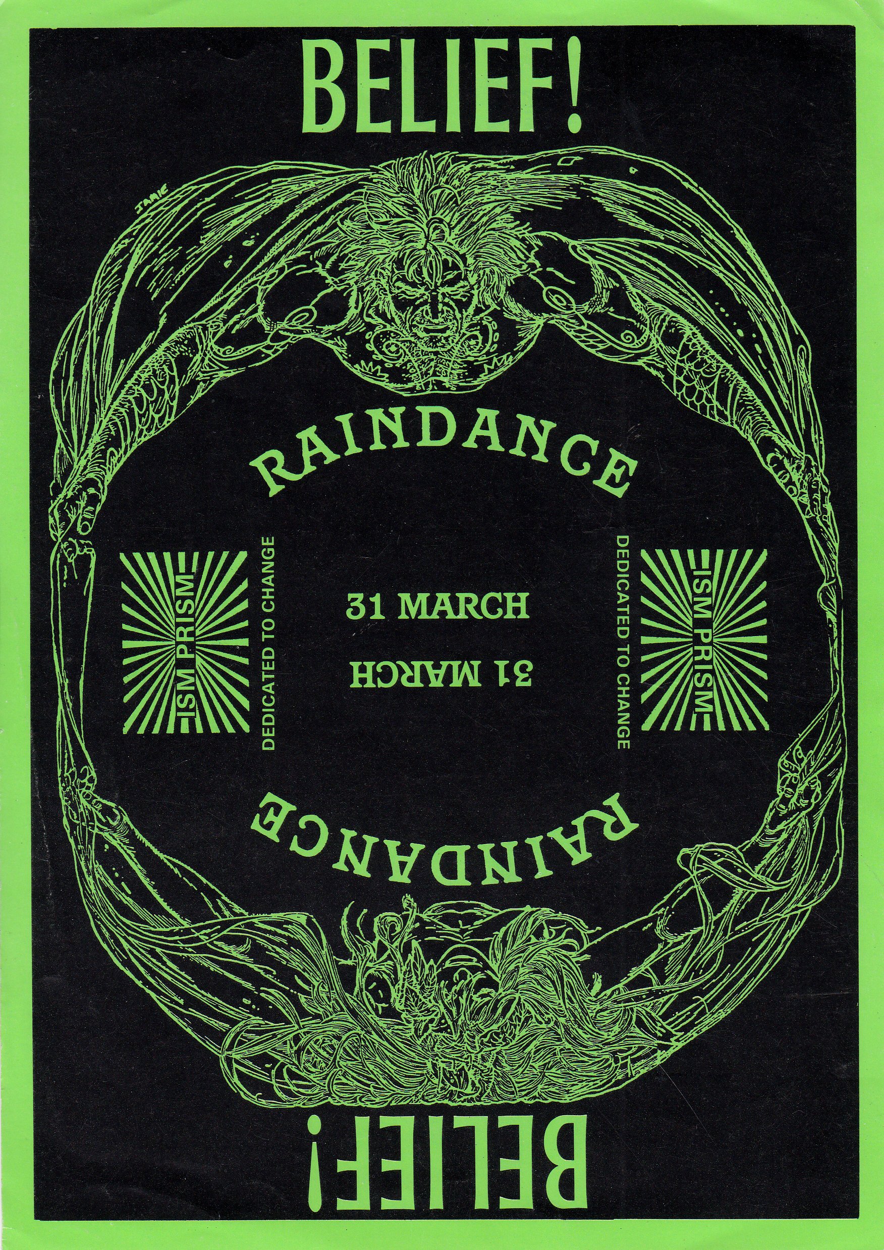 A black poster with green line art and text promoting an event called 'Raindance', with the words 'BELIEF!' at the top and bottom. The poster features intricate line drawings of mythical creatures or monsters, and includes the date '31 MARCH'.