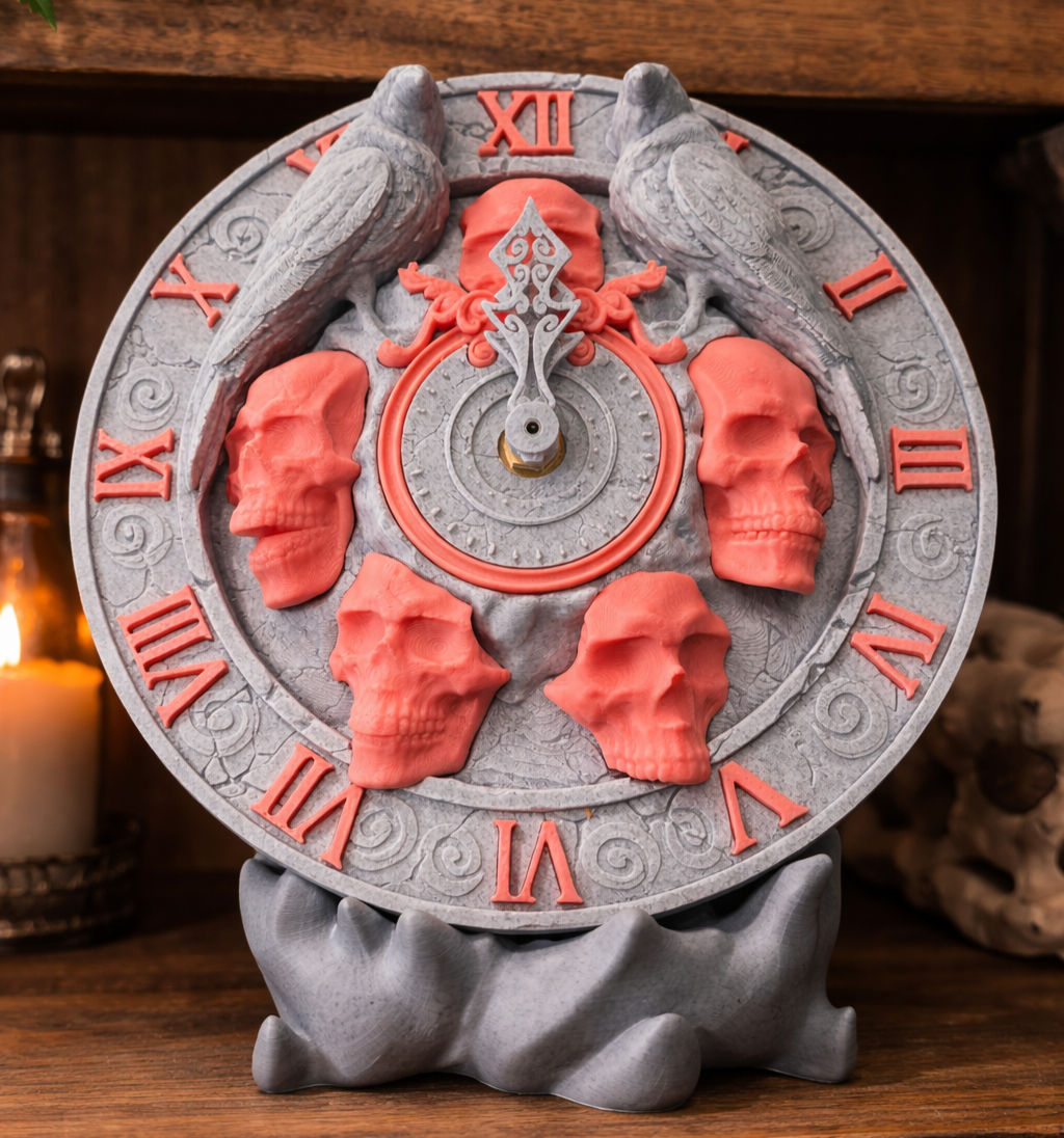 A decorative clock with a gray frame, showing Roman numerals in red, adorned with two gray birds and six pink skulls, set on a wooden surface with a candle and a skull in the background.