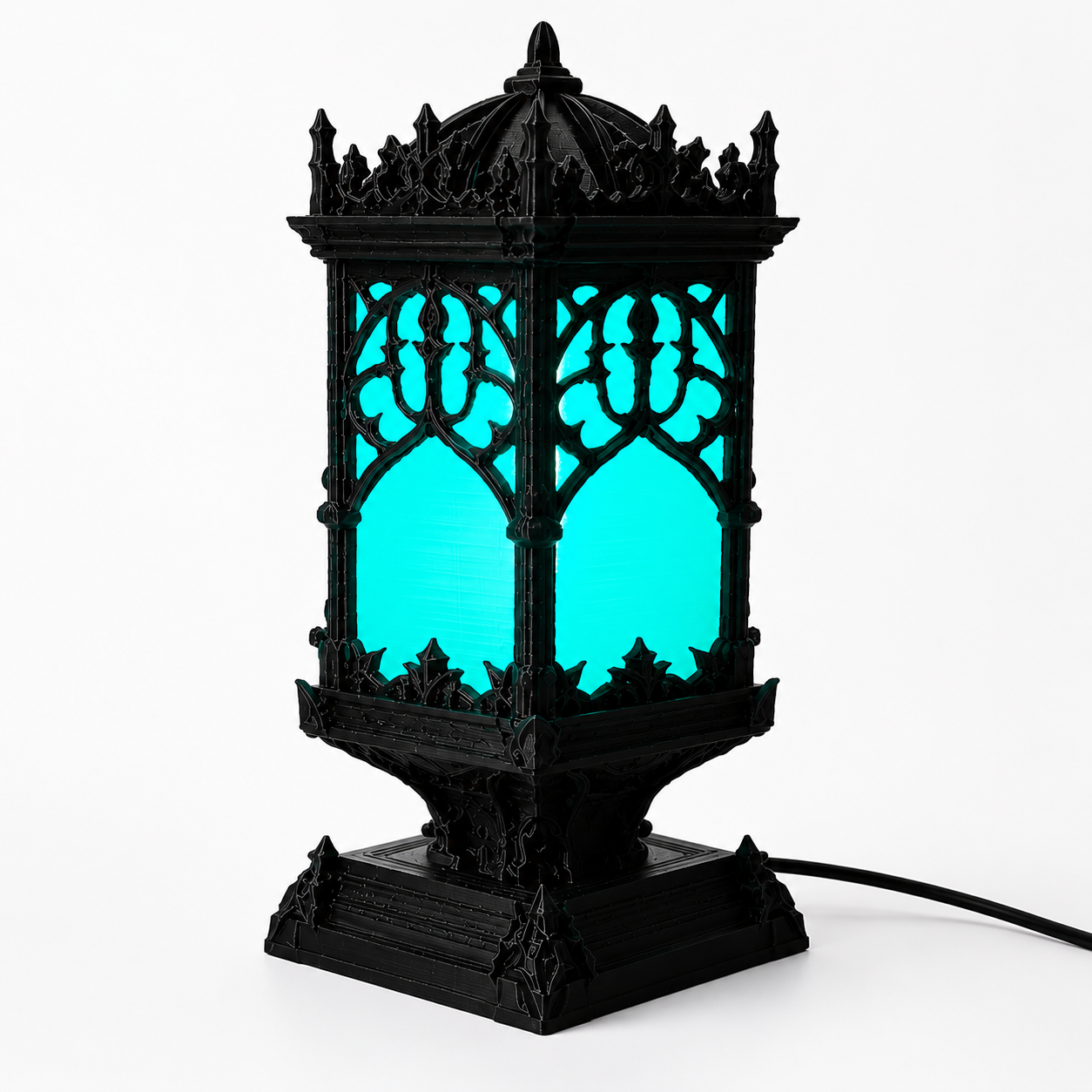 3D Printed Gothic LED Lamp – Elegant gothic table lamp featuring intricate cathedral-inspired detailing and glowing LED illumination for dramatic ambient lighting. Perfect for gothic decor, bedrooms, offices, game rooms, and dark fantasy spaces.