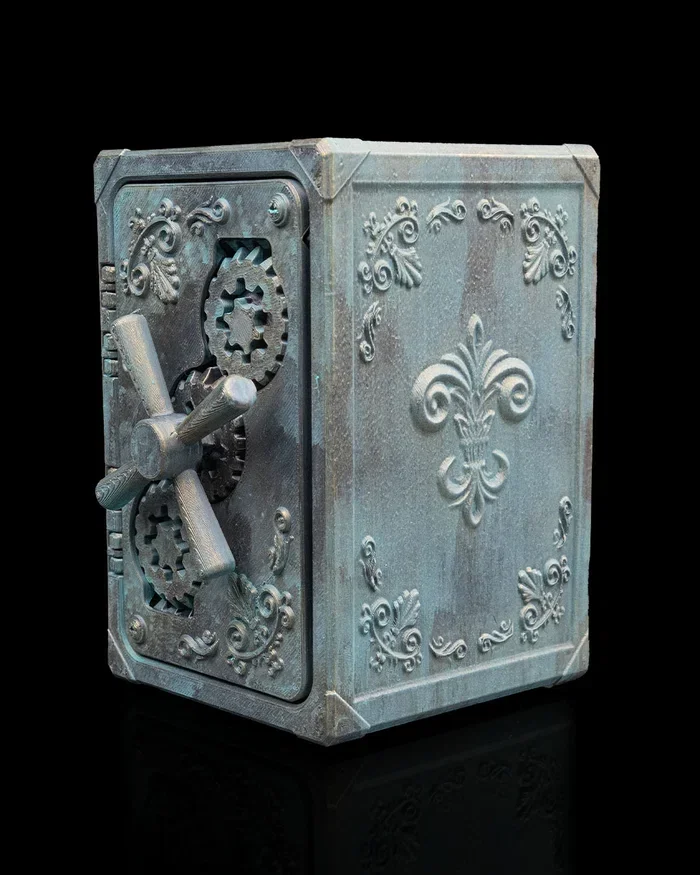 3D Printed Safe Coin Piggy Bank – Unique savings bank designed like a vintage safe with detailed gears and locking handle. Perfect for storing coins, cash, and small treasures. Great for kids, offices, desks, and home decor.
