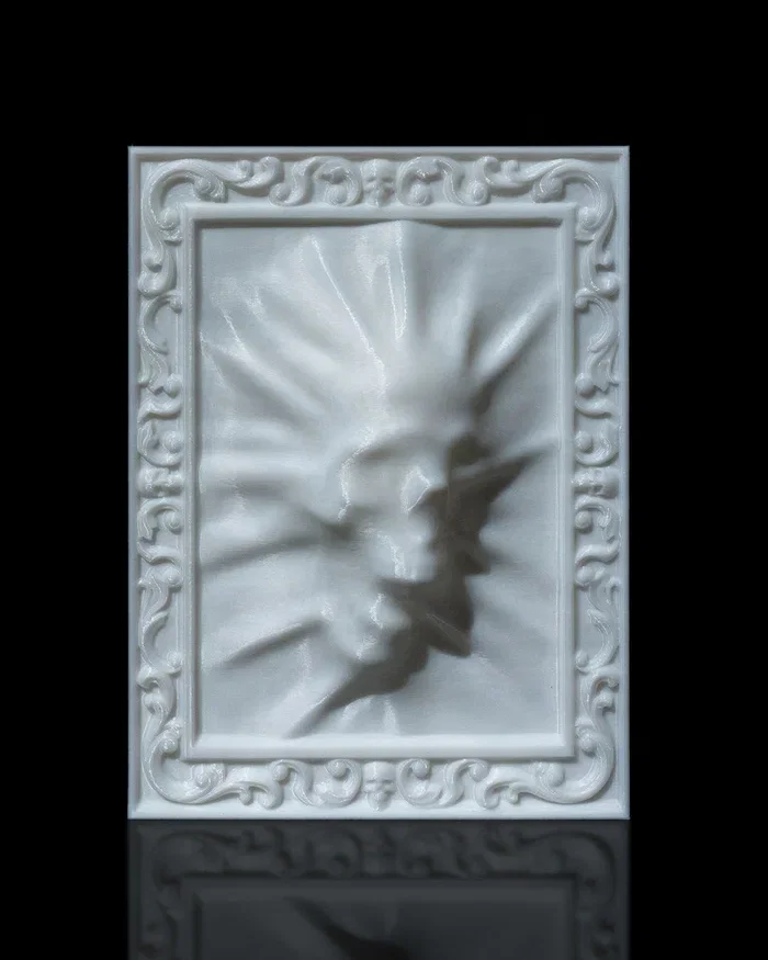 3D Printed Skull Pressed Wall Art – Creepy framed skull decor featuring a haunting pressed-through-the-wall design. Perfect for Halloween displays, gothic rooms, horror fans, offices, and game rooms.