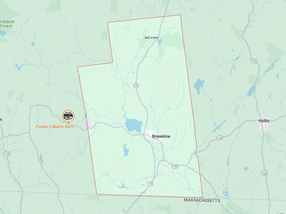 Map showing the town of Brookline in Massachusetts, with nearby landmarks Parker's Maple Barn and Melendy, along with roads and lakes.