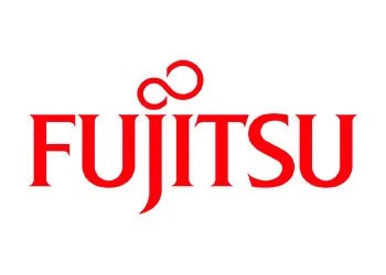 Fujitsu logo in red with stylized infinity symbol above the text