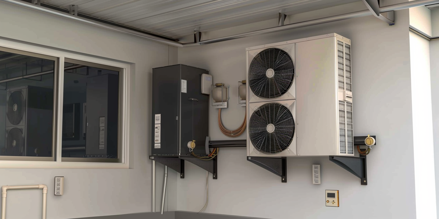 Exterior view of a building's HVAC system, including a large white cooling unit with two fans, a gray heater, and a control panel, mounted on the wall outside a windowed room.