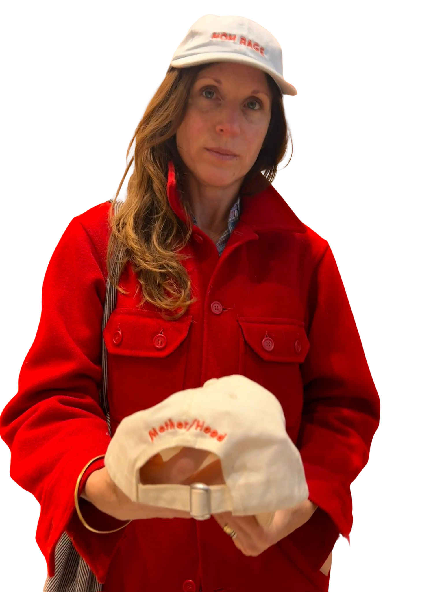 A woman with long brown hair wearing a white cap with red text, a red coat, and holding a white hat with red text, standing against a background that has been altered with digital glitches.