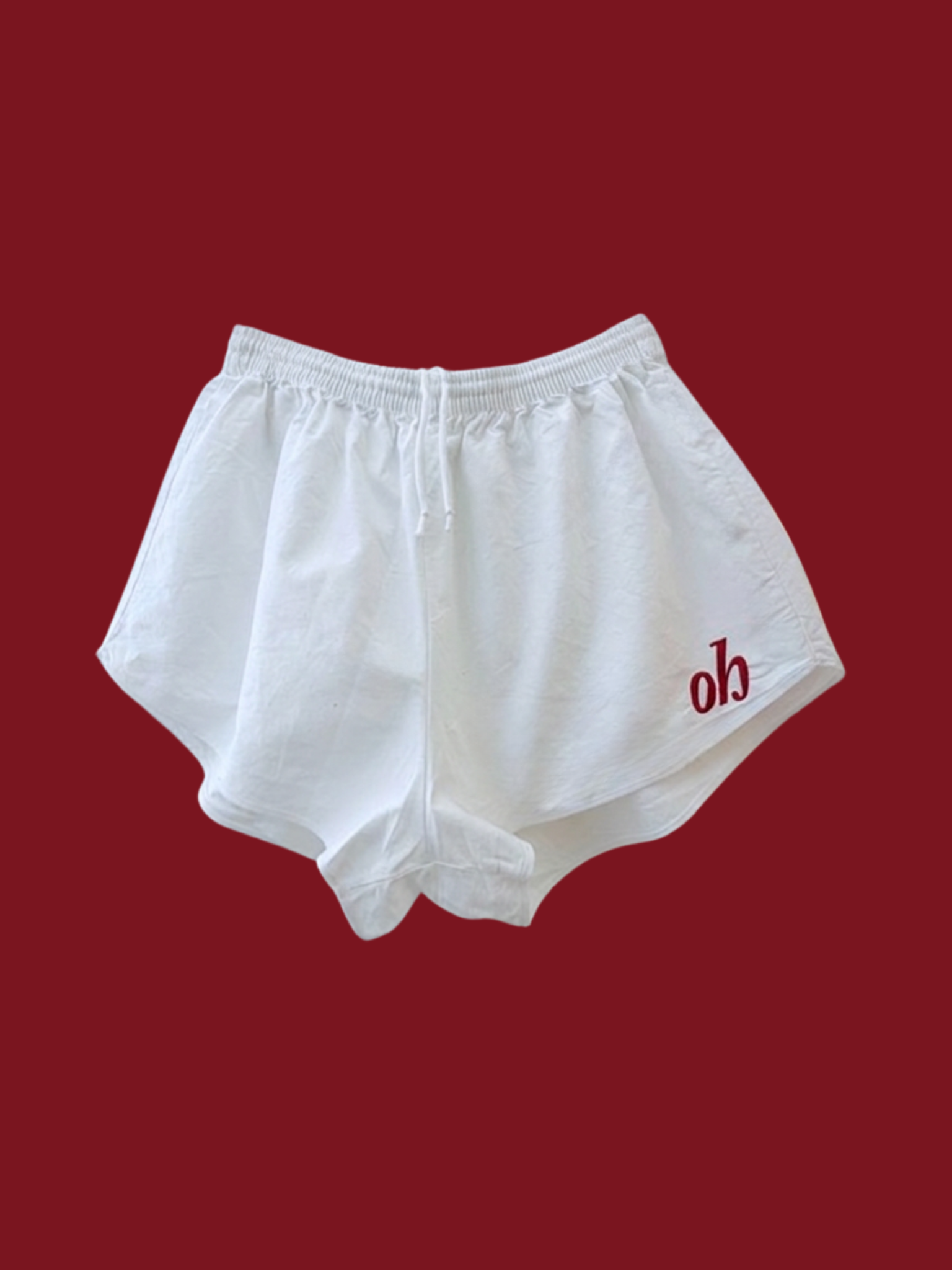 White Cotton Sports Shorts, Embroidered Oh
